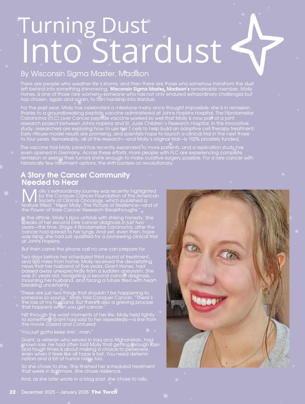 Portrait of a smiling woman with text overlay and star icon in a lavender background.