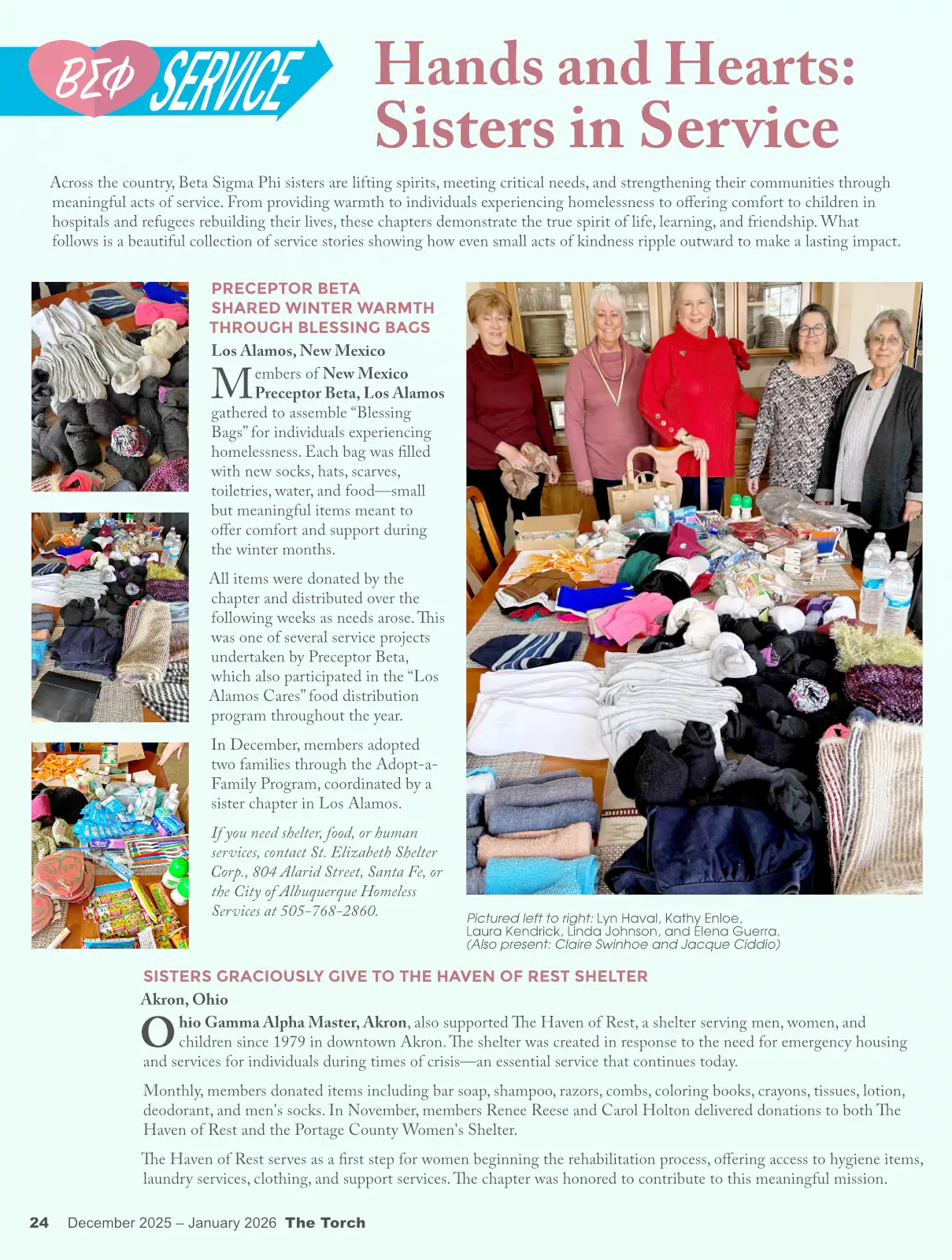 Graphic design layout featuring volunteers sorting clothes and textiles for charity.