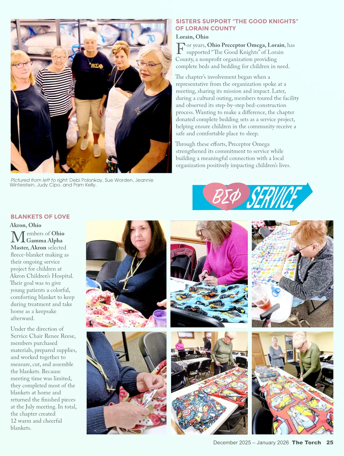 Graphic design themed collage of volunteers assembling blankets and crafts.