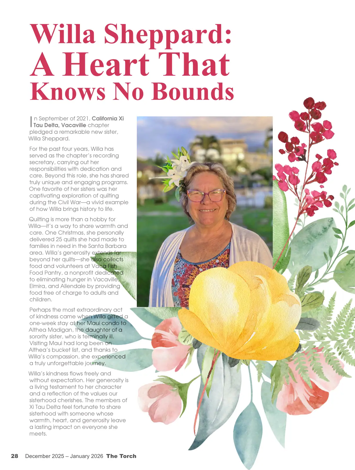 Portrait of an elderly woman smiling, surrounded by vibrant floral elements and soft botanical decor.