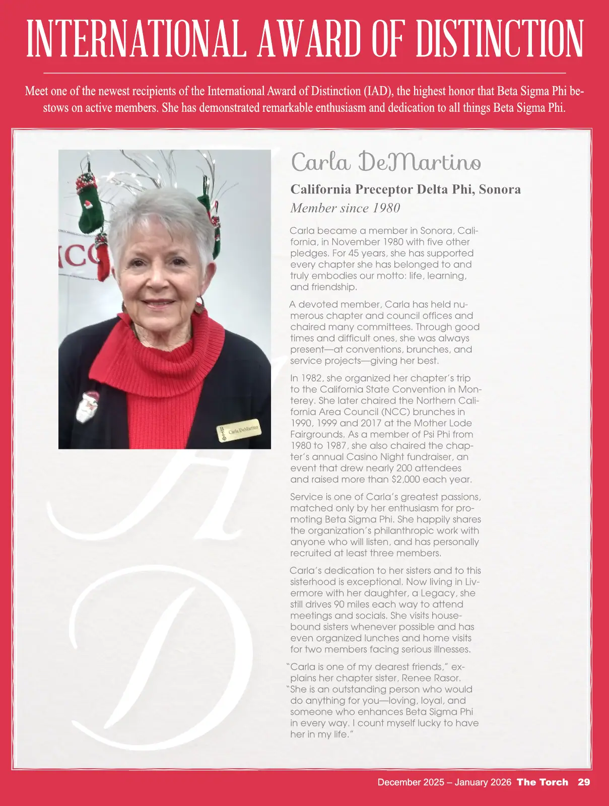 Portrait of an elderly woman in a red turtleneck with a program page in the background.