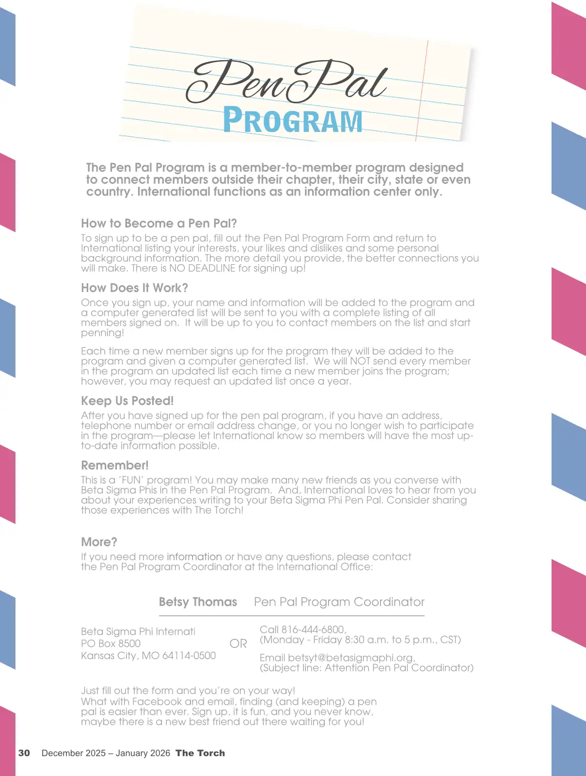 Pen Pal Program flyer with light blue and pink geometric accents and lined notebook paper background.