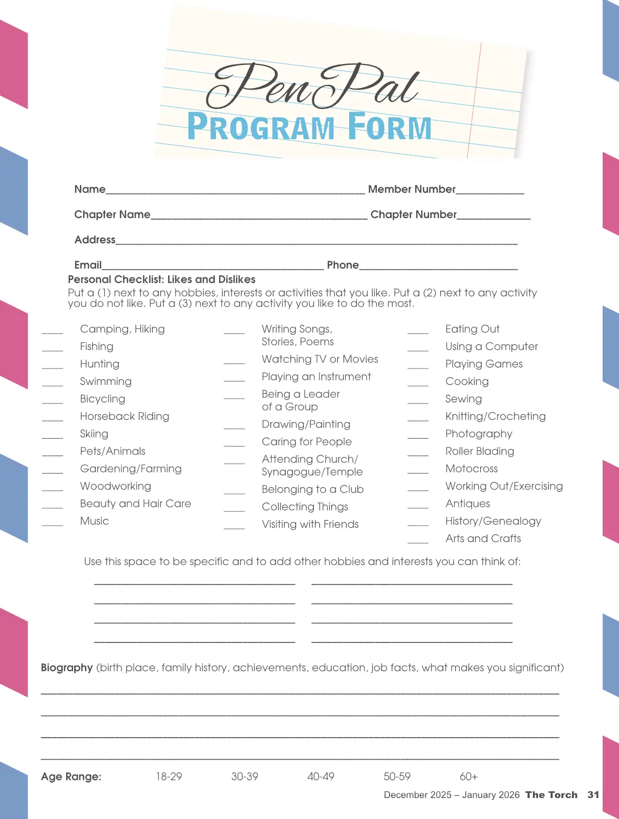 Graphic design form cover with pastel borders and notebook page motif.