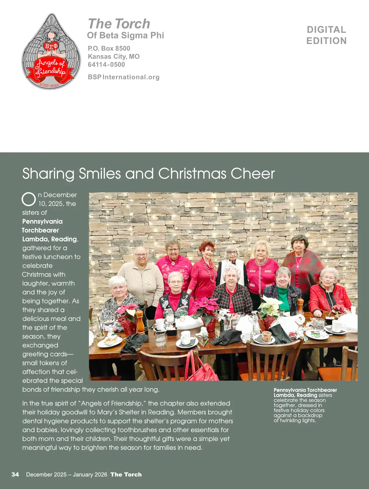 Group photo of seniors enjoying a Christmas luncheon at a long table with decorations.
