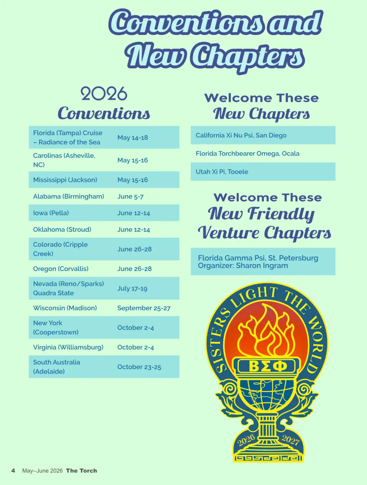 Graphic design poster for 2026 conventions with colorful text and emblem layout.