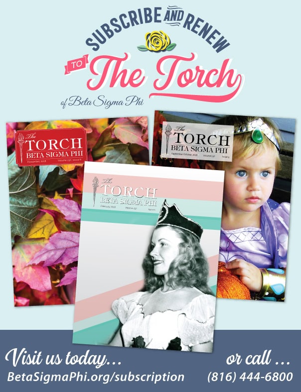 Subscribe and renew to The Torch newsletter of Beta Sigma Phi with vibrant graphic design, branding, and visual storytelling for corporate campaigns.