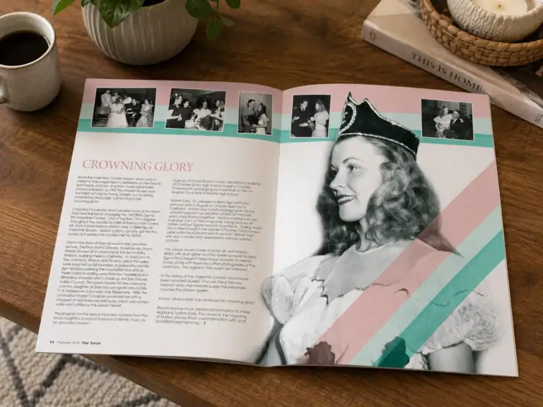 Crown-themed magazine spread with a smiling woman wearing a crown, colorful geometric design element.