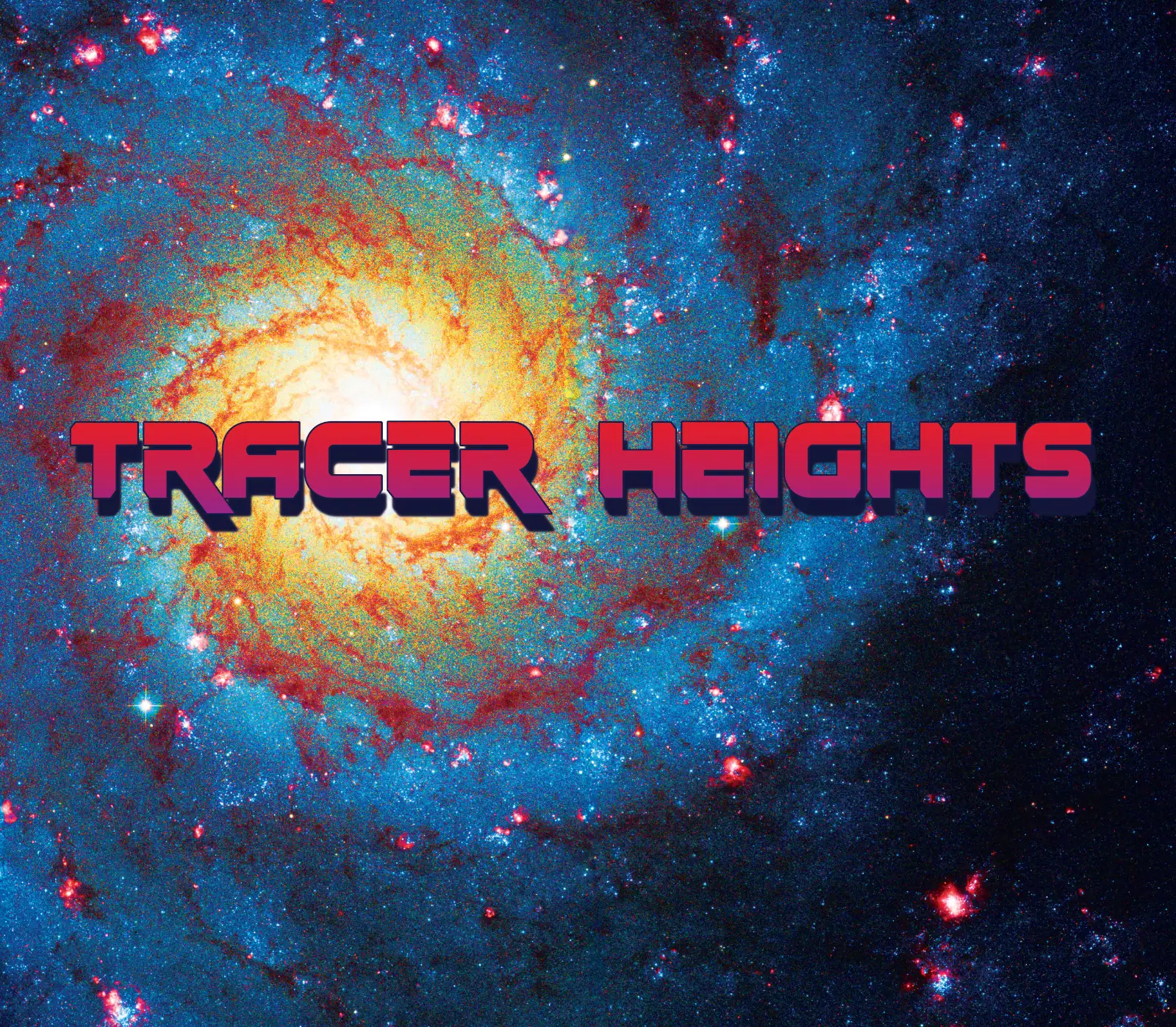 Vibrant cosmic nebula background with bold "Tracer Heights" logo for branding and creative visual marketing campaigns.