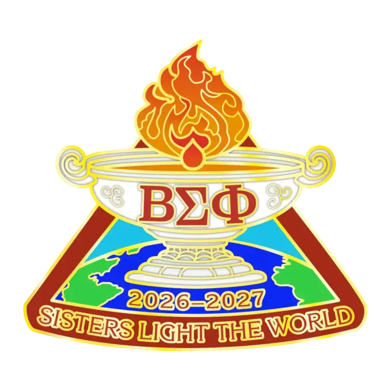 Fire-themed emblem with Greek letters, a globe, and the phrase "Sisters Light the World" for a soror.
