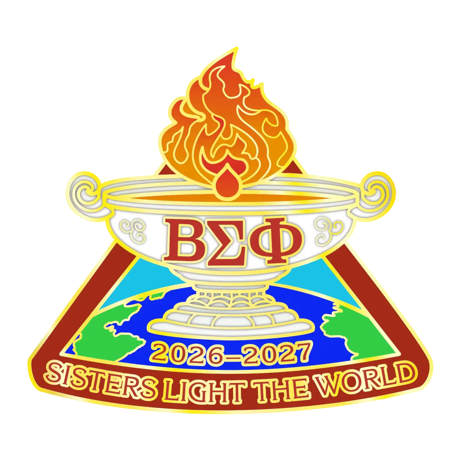 Fire-themed emblem with Greek letters, a globe, and the phrase "Sisters Light the World" for a soror.