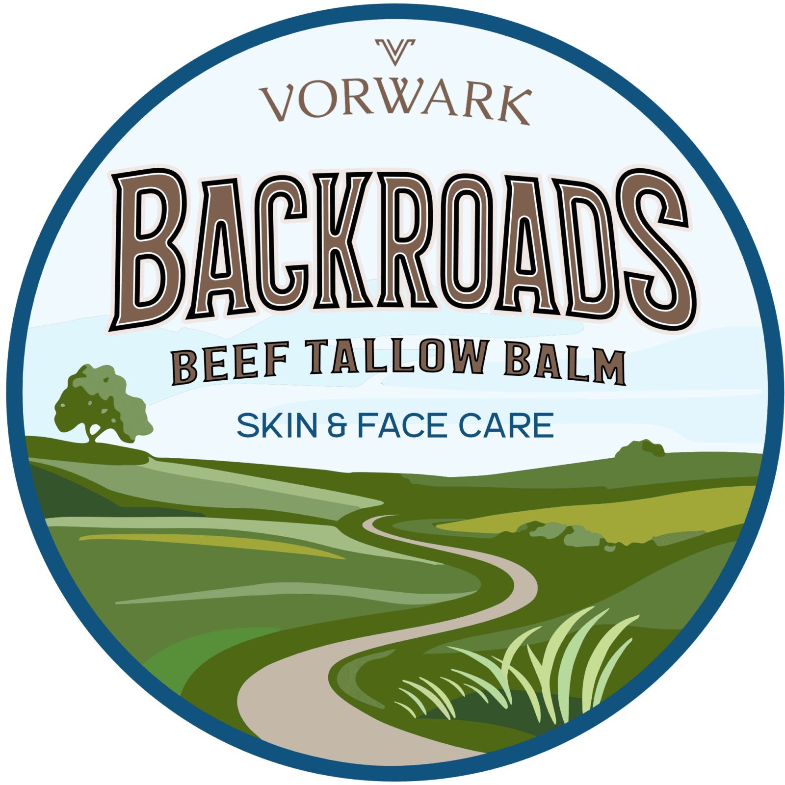 Beef Tallow Balm label with natural landscape illustration for skin and face care products.