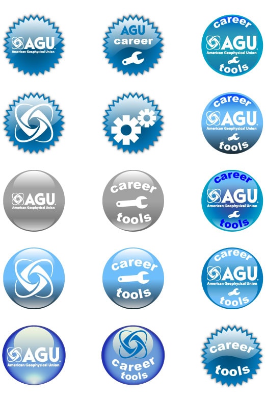 AGU logo badge with gear shape, modern design, blue tones, professional graphic element.