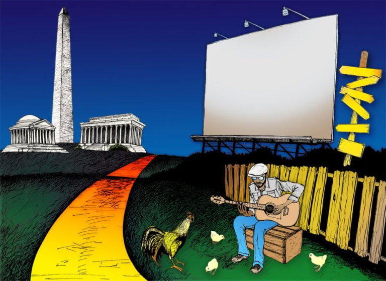 Colorful street art style illustration featuring a musician playing guitar near iconic landmarks, perfect for brand promotion and marketing campaigns.