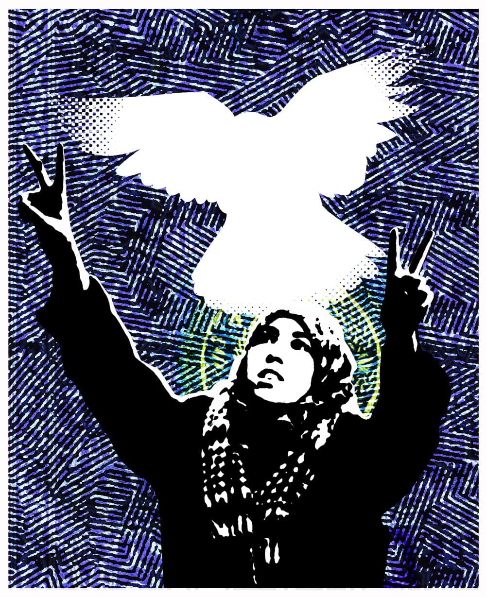Silhouette of woman with peace signs and a dove in street art style.
