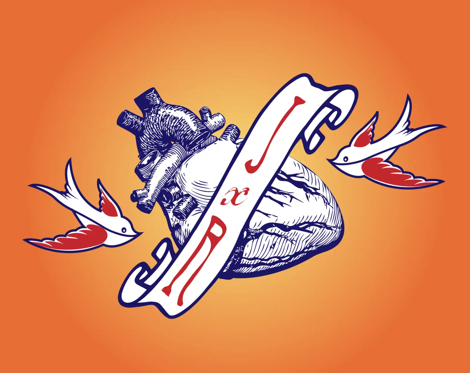 Artistic illustration of a human heart with a scroll and flying swallows on an orange background.