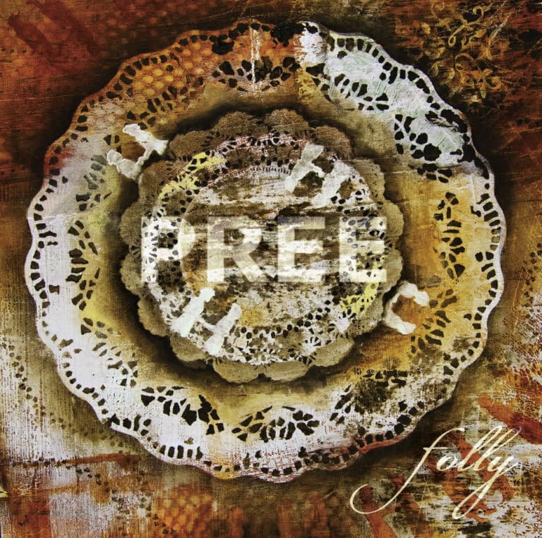 Vintage decorative doily with the word "FREE" and "fifty" script overlay, emphasizing brand identity and visual storytelling.
