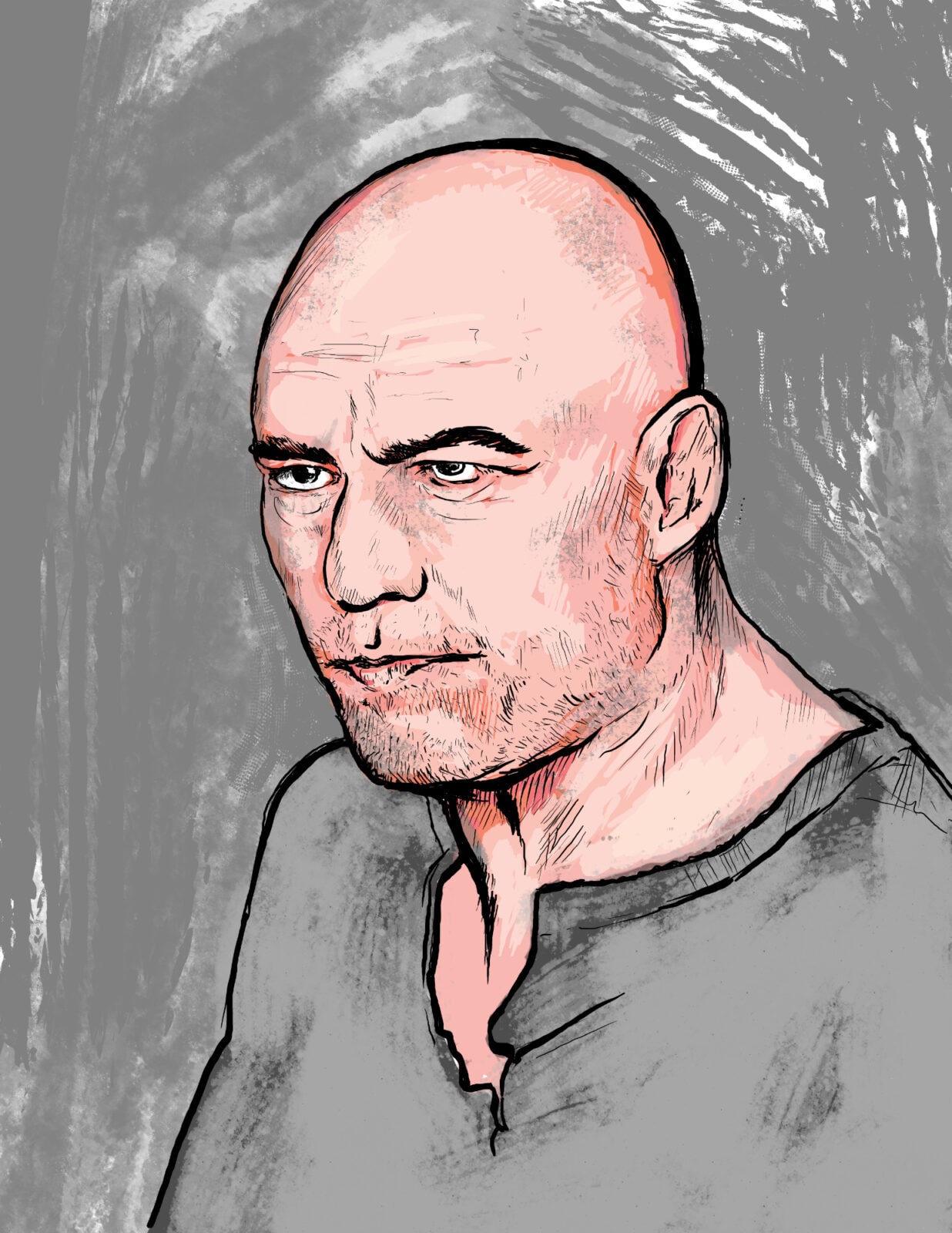 Bald man with a serious expression in a digital art style.
