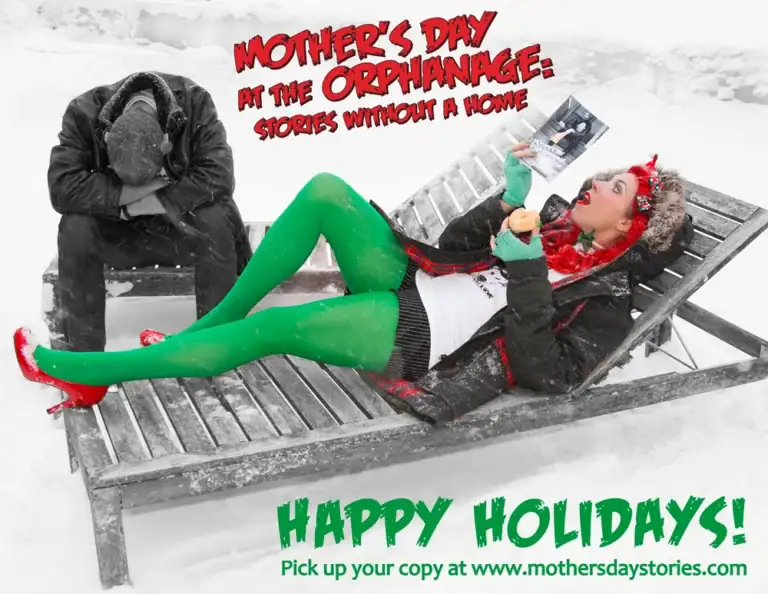 Woman in festive attire lying on a bench in snow, reading a book, with a man in winter coat nearby.